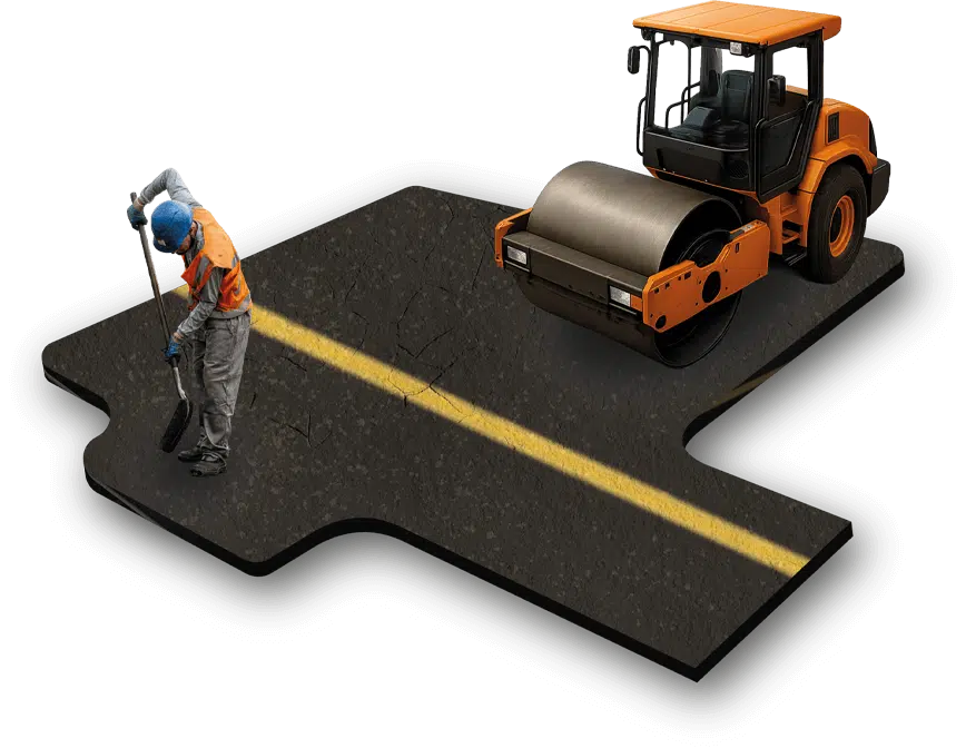 modello 3d strada asfalto con rullo compressore e operaio