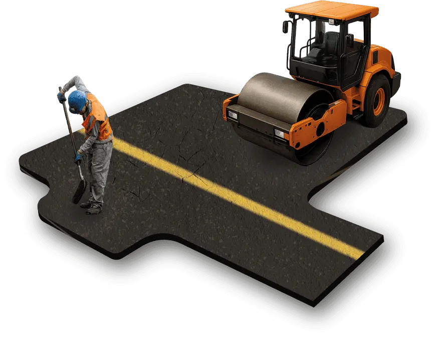 modello 3d strada asfalto con rullo compressore e operaio