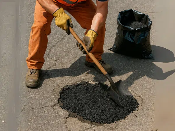asfaltatore lavora con asfalto a freddo
