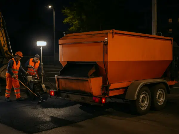 Cassone termico coibentato per asfalto con operai al lavoro di notte