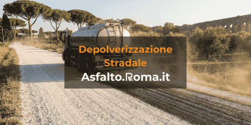 Camion botte in azione durante un trattamento di depolverizzazione su una strada bianca nella campagna di Roma.