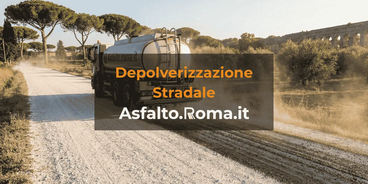 Camion botte in azione durante un trattamento di depolverizzazione su una strada bianca nella campagna di Roma.