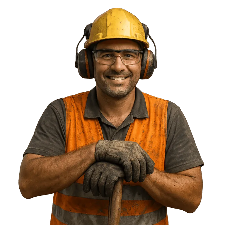 Operaio edile con casco, occhiali protettivi e cuffie antirumore