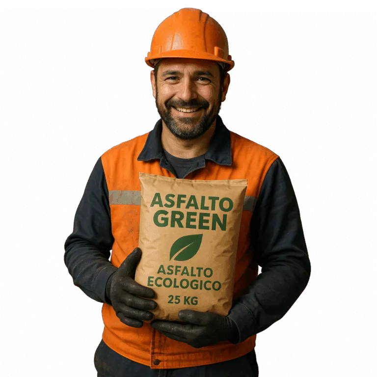 asfaltatore con asfalto ecologico in mano